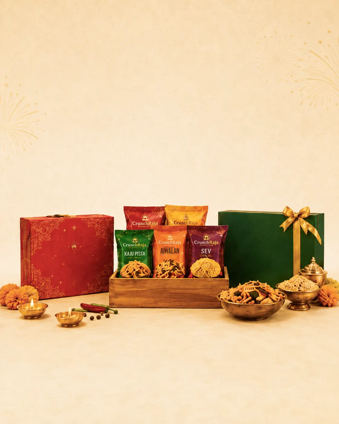 CrunchRaja festive gift hampers with branded namkeen packets, diyas and marigolds
