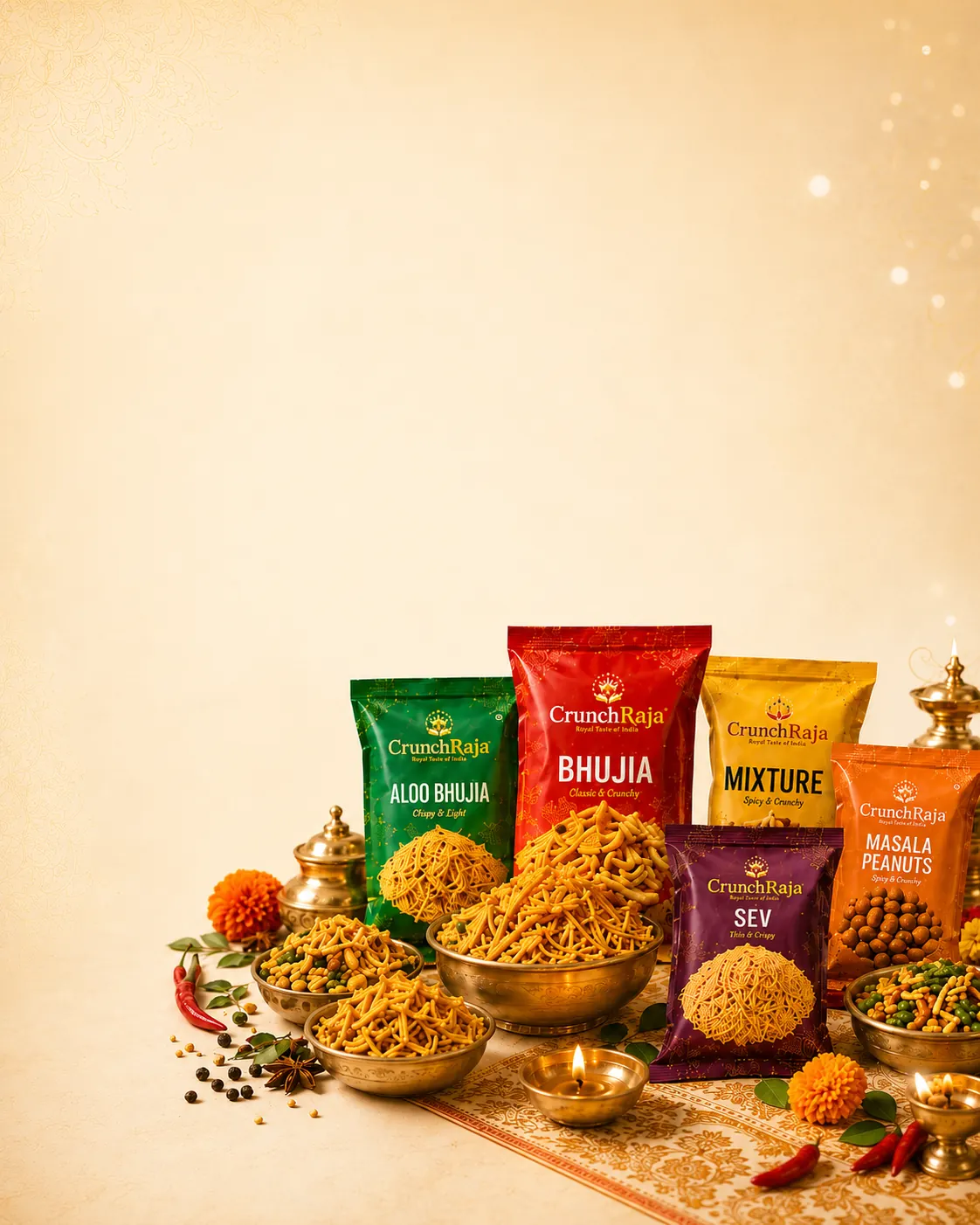 CrunchRaja festive namkeen assortment — Aloo Bhujia, Bhujia, Mixture, Sev, Masala Peanuts with brass bowls, diyas and marigolds