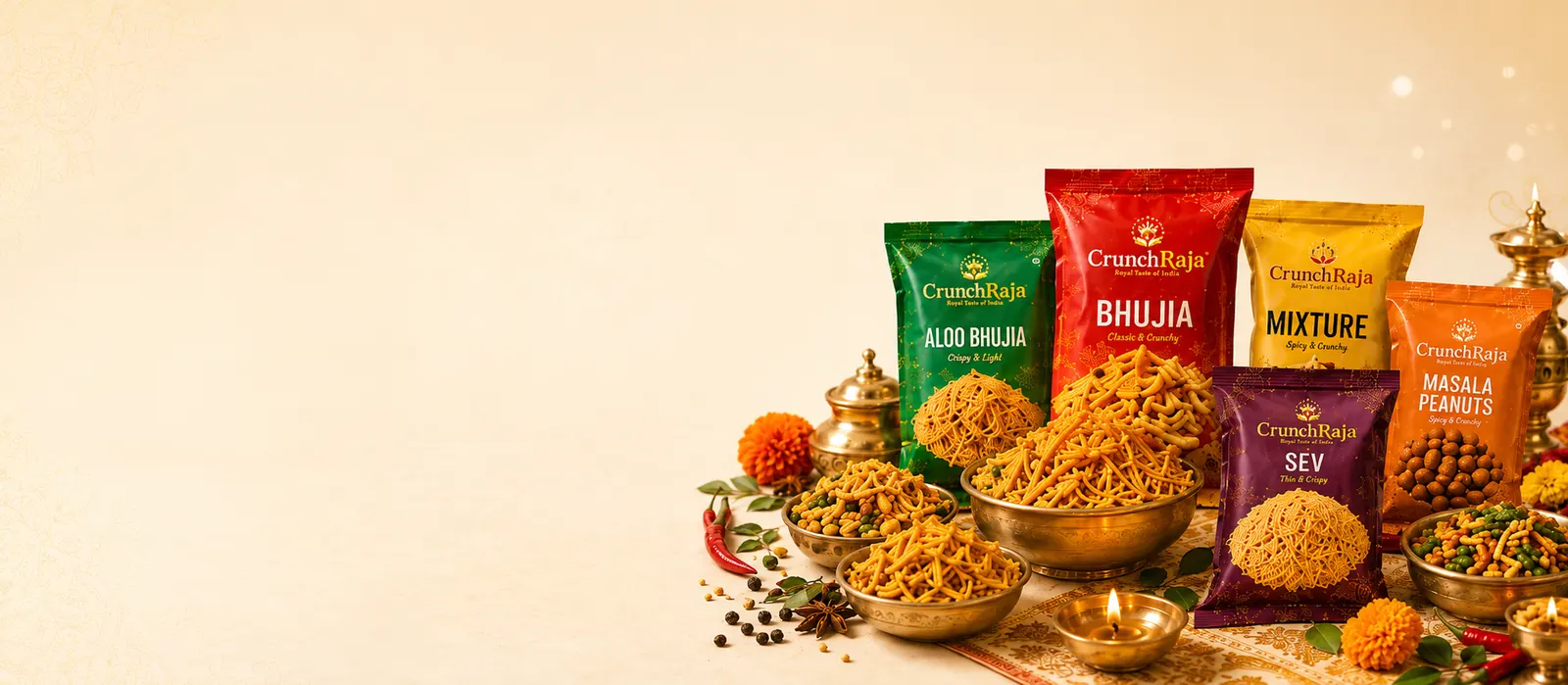 Assortment of CrunchRaja namkeen packets — Aloo Bhujia, Bhujia, Mixture, Sev, Masala Peanuts — with brass bowls, marigolds and diyas